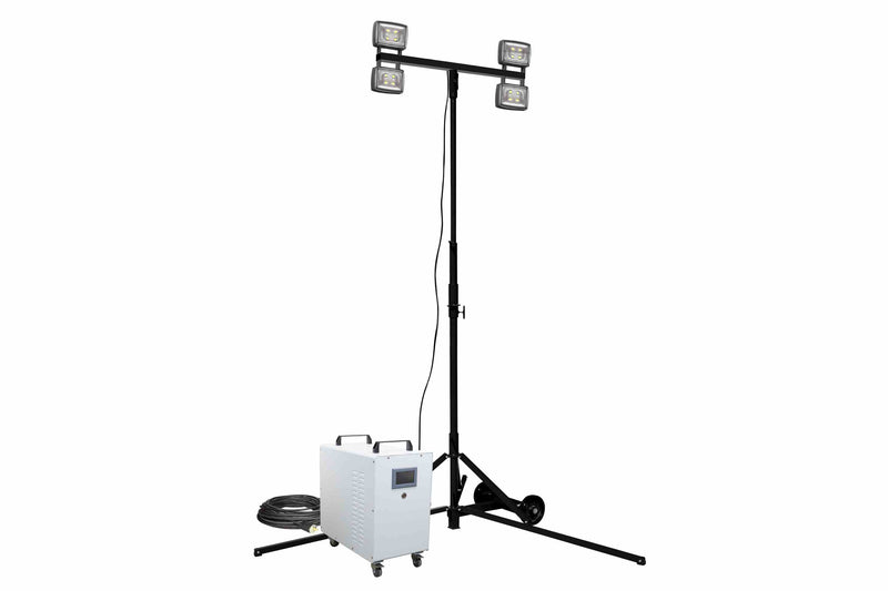 Larson 200W Rechargeable LED Tripod Light - 7' to 12' - (4) Lamps - 4kWh Li-ion Battery - 12+ Hrs Runtime