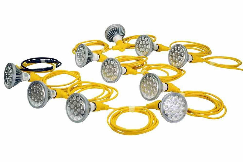 250 Watt Temporary Construction String Light - 10 LED PAR38 Work Lights - 120-277V - 5ft Spacing