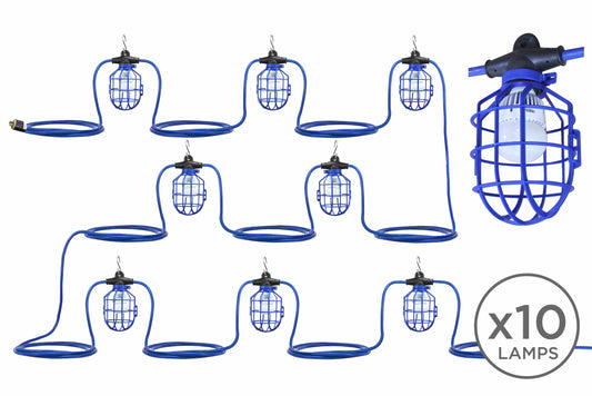 Larson 100ft Temporary Construction String Light - Ten LED Work Lamps - 100 Watt LED Stringer - 20ft Whip