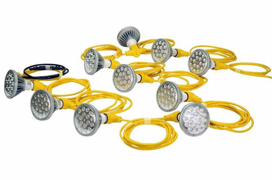 250 Watt Temporary Construction String Light - 10 LED PAR 38 Work Lights - 12/3 SJTW - Twistlock