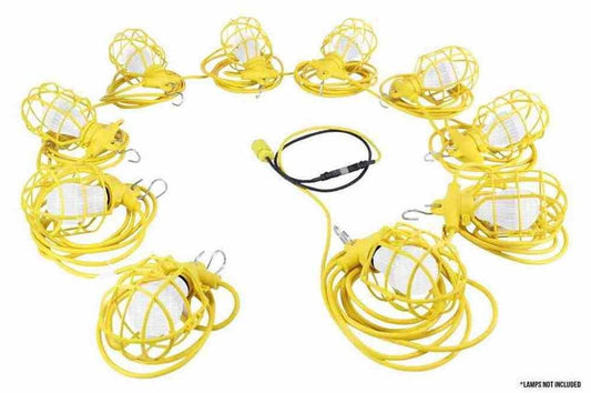 500ft Work Area Lighting String - Yellow 12/3 SJTW - Black Molded Sockets - NO LAMPS - Embossed