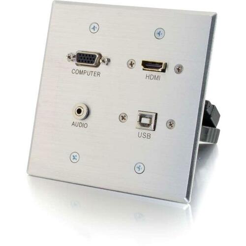 C2G HDMI, VGA, 3.5mm and USB Pass Through Double Gang Wall Plate - Aluminum - 2-gang - Aluminum - Aluminum - 1 x HDMI Port(s) - 1 x Mini-phone Port(s) - 1 x VGA Port(s)