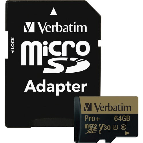 Verbatim 64GB Pro Plus 600X microSDHC Memory Card with Adapter, UHS-I V30 U3 Class 10 - 90 MB/s Read - 80 MB/s Write - 600x Memory Speed - Lifetime Warranty