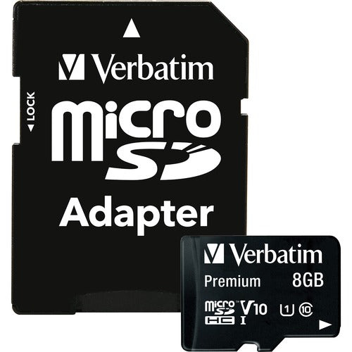 Verbatim 8GB Premium microSDHC Memory Card with Adapter, UHS-I V10 U1 Class 10 - 30 MB/s Read - 10 MB/s Write - Lifetime Warranty