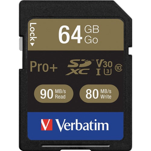 Verbatim 64GB Pro Plus 600X SDXC Memory Card, UHS-I V30 U3 Class 10 - 90 MB/s Read - 80 MB/s Write - 600x Memory Speed - Lifetime Warranty