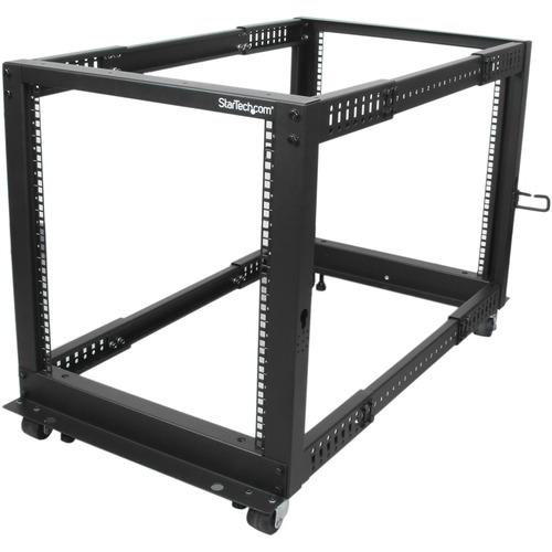 StarTech.com 12U Adjustable Depth Open Frame 4 Post Server Rack w/ Casters / Levelers and Cable Management Hooks - 12U Open Frame Server Rack w/adjustable mounting depth of 23in-41in & 25in tall design - Mobile Data IT rack w/casters/levelling feet cage