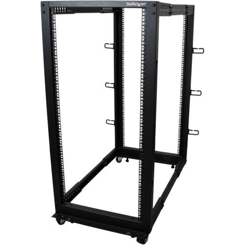 StarTech.com 25U Adjustable Depth Open Frame 4 Post Server Rack w/ Casters / Levelers and Cable Management Hooks - Store your servers, network and telecommunications equipment in this adjustable 25U rack - 25U Adjustable Depth Open Frame 4 Post Server Ra