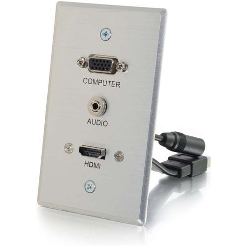 C2G HDMI, VGA + 3.5mm Pass Through Single Gang Wall Plate - 1-gang - Aluminum - Aluminum - 1 x HDMI Port(s) - 1 x Mini-phone Port(s) - 1 x VGA Port(s)