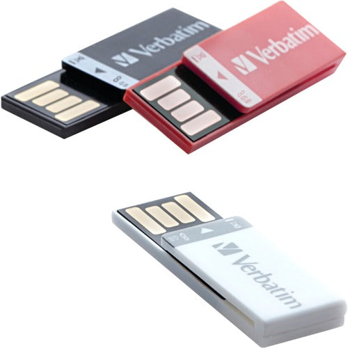 Verbatim 8GB Clip-It USB Flash Drive - 3pk - Black, White, Red - 8 GB - USB - Red, Black, White - Lifetime Warranty - 3 / Pack
