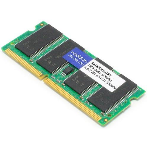 Add-On Computer AddOn 16GB DDR3 SDRAM Memory Module - For Desktop PC, Notebook, Server - 16 GB (1 x 16GB) DDR3 SDRAM - 1600 MHz - CL11 - 1.35 V - Unbuffered - 204-pin - SoDIMM - Lifetime Warranty