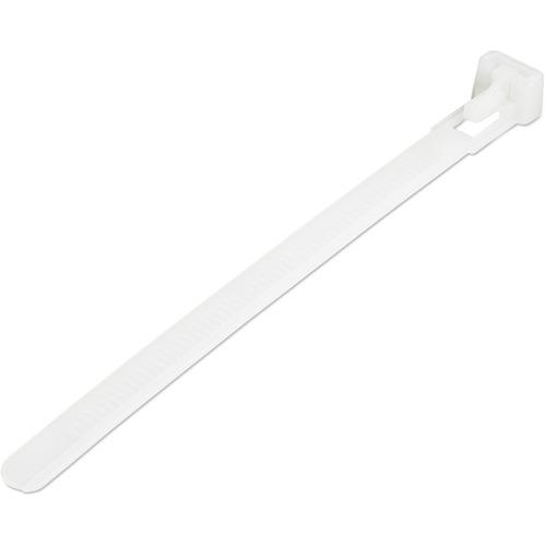 StarTech.com 5"(12cm) Reusable Cable Ties, 1-1/8"(30mm) Dia. 50lb(22Kg) Tensile Strength, Nylon, In/Outdoor, UL Listed, 100 Pack, White - Reusable cable ties for 1.18in/30mm bundle diameter - Adjustable small resealable nylon/plastic zip wraps for electr