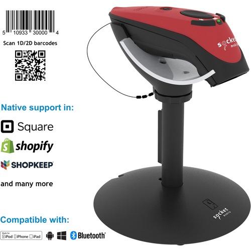 Socket Communication Socket Mobile DuraScanÂ® D740, Universal Barcode Scanner, Red & Charging Stand - Wireless Connectivity - 19.50" (495.30 mm) Scan Distance - 1D, 2D - Laser - Bluetooth - Red - Stand Included
