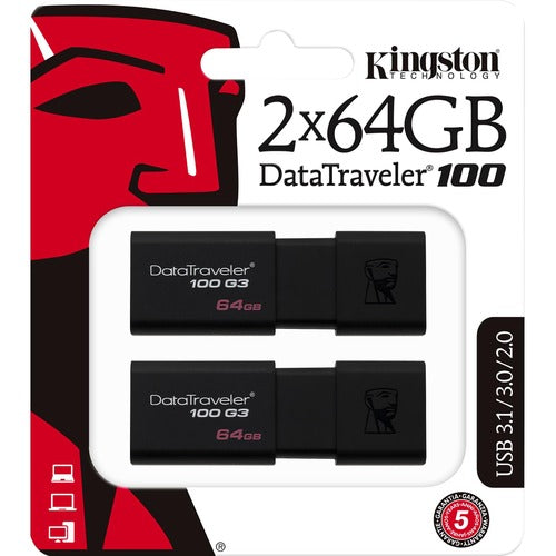 Kingston DataTraveler 100 G3 USB Flash Drive with Sliding Cap - 64 GB - USB 3.1 (Gen 1) - 100 MB/s Read Speed - Black - 5 Year Warranty - 2 Piece