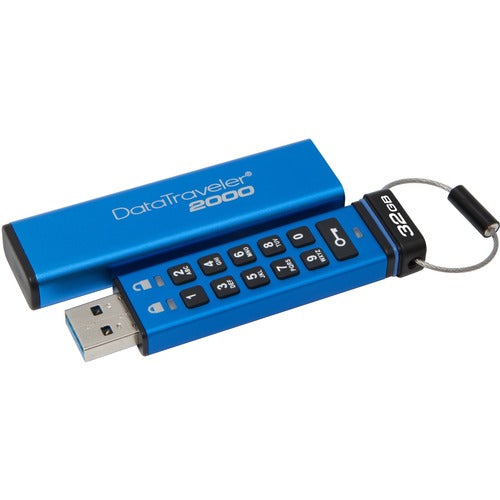Kingston 32GB DataTraveler 2000 USB 3.1 Flash Drive - 32 GB - USB 3.1 - Blue - 256-bit AES