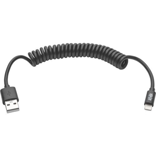 Tripp Lite 4ft Lightning USB/Sync Charge Coiled Cable for Apple Iphone / Ipad Black 4' - 4 ft Proprietary/USB Data Transfer Cable for iPhone, iPod, Notebook, iPad, Desktop Computer - First End: 1 x Type A Male USB - Second End: 1 x Lightning Male Proprie