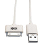 Tripp Lite 3ft USB/Sync Charge Cable 30-Pin Dock Connector for Apple White 3' - 3 ft Apple Dock Connector/USB Data Transfer Cable for iPhone, iPod, iPad, Chromebook - First End: 1 x Type A Male USB - Second End: 1 x Apple Dock Connector Male Proprietary