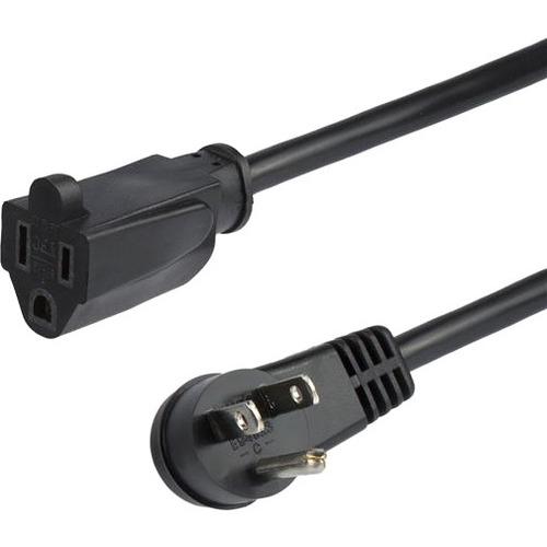 StarTech.com 3 ft Flat Extension Cord - NEMA 5-15R to NEMA Right-Angle 5-15P Power Cable - Low Profile Extension Cord - Right Angle Power Cord - For Computer, Television, Lamp - 125 V AC / 13 A - Black - 3 ft Cord Length - North America - 1