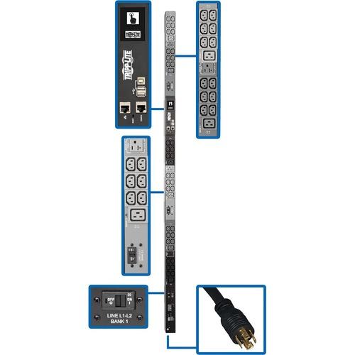 Tripp Lite PDU3EVN10L2130 45-Outlet PDU - Monitored - NEMA L21-30P - 6 x IEC 60320 C19, 36 x IEC 60320 C13, 3 x NEMA 5-15/20R - 230 V AC - 0U - Vertical - Rack-mountable - TAA Compliant