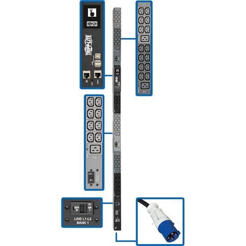 Tripp Lite PDU3EVN6G30B 48-Outlet PDU - Monitored - IEC 60309 30A BLUE (3P+E) - 6 x IEC 60320 C19, 42 x IEC 60320 C13 - 230 V AC - Network (RJ-45) - 0U - Vertical - Rack-mountable - TAA Compliant