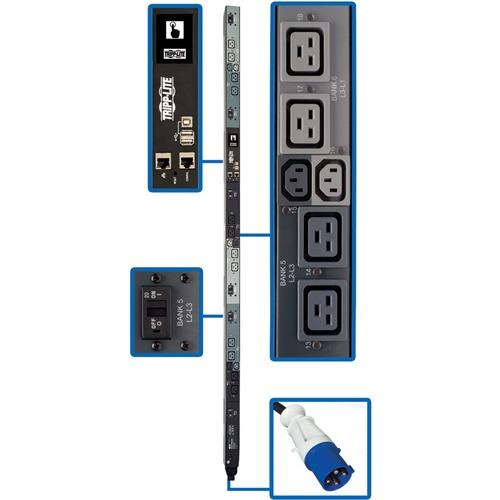 Tripp Lite PDU3EVNR6G60A 18-Outlets PDU - Monitored - IEC 60309 60A - 12 x IEC 60320 C19, 6 x IEC 60320 C13 - 230 V AC - Network (RJ-45) - 0U - Vertical - Rack-mountable - TAA Compliant