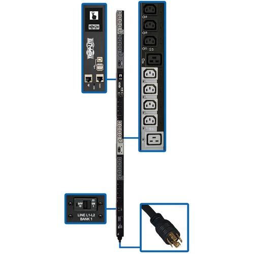 Tripp Lite PDU3EVS6L2130 30-Outlet PDU - Switched - NEMA L21-30P - 6 x IEC 60320 C19, 24 x IEC 60320 C13 - 230 V AC - 0U - Vertical - Rack-mountable - TAA Compliant