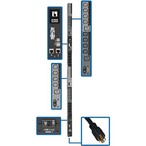 Tripp Lite PDU3EVSR10L1530 10kW 3-Phase Switched PDU - Switched - NEMA L15-30P - 24 x IEC 60320 C13, 6 x IEC 60320 C19 - 230 V AC - Network (RJ-45) - 0U - Vertical - Rack-mountable - TAA Compliant