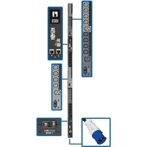 Tripp Lite PDU3EVSR6G60 30-Outlet PDU - Switched - IEC 60309 60A BLUE (3P+E) - 6 x IEC 60320 C19, 24 x IEC 60320 C13 - 230 V AC - 0U - Vertical - Rack-mountable - TAA Compliant