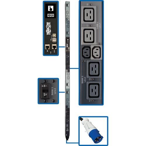 Tripp Lite PDU3EVSR6G60A 18-Outlet PDU - Monitored - IEC 60309 60A BLUE (3P+E) - 12 x IEC 60320 C19, 6 x IEC 60320 C13 - 230 V AC - 0U - Vertical - Rack-mountable - TAA Compliant