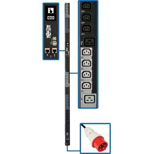 Tripp Lite PDU3XEVSR6G20 30-Outlets PDU - Switched - IEC 60309 16/20A RED (3P+N+E) - 24 x IEC 60320 C13, 6 x IEC 60320 C19 - 380 V AC, 400 V AC, 415 V AC - Network (RJ-45) - 0U - Vertical - Rack-mountable - TAA Compliant
