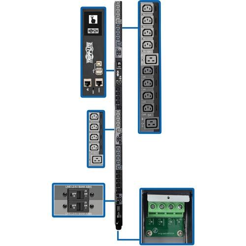 Tripp Lite PDU3XEVSRHWB 30-Outlet PDU - Switched - Hardwired - 6 x IEC 60320 C19, 24 x IEC 60320 C13 - 380 V AC, 400 V AC, 415 V AC - 0U - Vertical - Rack-mountable - TAA Compliant