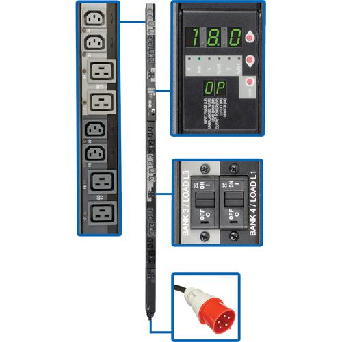 Tripp Lite Switched PDU3XVSR6G30A 24-Outlets PDU - Switched - IEC 60309 30A RED 3P+N+E - 12 x IEC 60320 C13, 12 x IEC 60320 C19 - 18 kW - 0U - Vertical - Rack-mountable