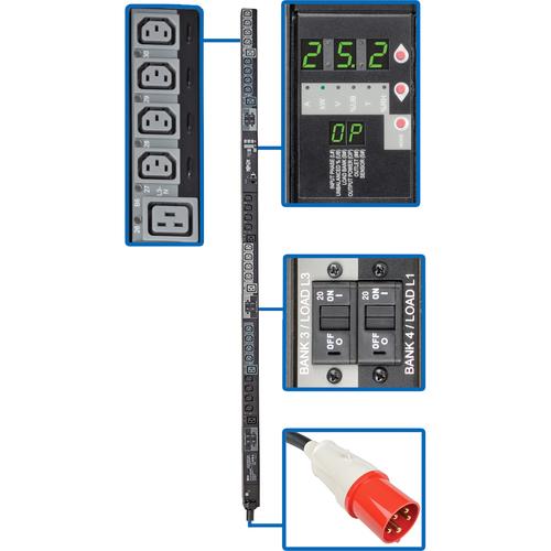 Tripp Lite Switched PDU3XVSR6G60B 30-Outlets PDU - Switched - IEC 60309 60A Red 3P+N+E - 24 x IEC 60320 C13, 6 x IEC 60320 C19 - 25.20 kW - 0U - Vertical - Rack-mountable