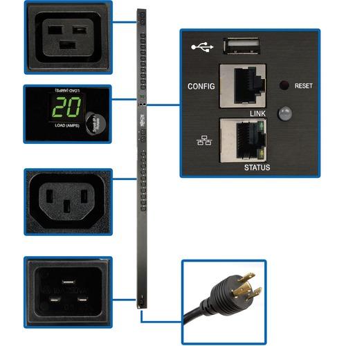 Tripp Lite PDUMNV20HVLX 3.3-3.7kW Single-Phase Monitored PDU - Monitored - 20 x IEC 60320 C13, 4 x IEC 60320 C19 - 230 V AC - Network (RJ-45) - 0U - Vertical - Rack-mountable - TAA Compliant