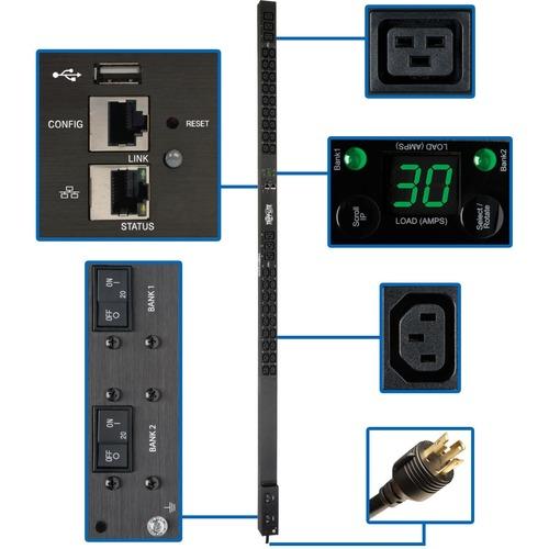 Tripp Lite PDUMNV30HV2LX 42-Outlet PDU - Monitored - NEMA L6-30P - 6 x IEC 60320 C19, 36 x IEC 60320 C13 - 230 V AC - 0U - Vertical - Rack-mountable - TAA Compliant