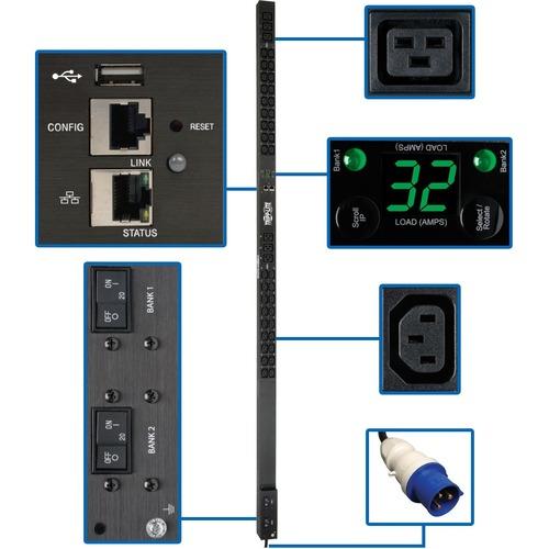 Tripp Lite PDUMNV32HV2LX 42-Outlet PDU - Monitored - IEC 60309 32A Blue (2P+E) - 6 x IEC 60320 C19, 36 x IEC 60320 C13 - 230 V AC - 0U - Vertical - Rack-mountable - TAA Compliant