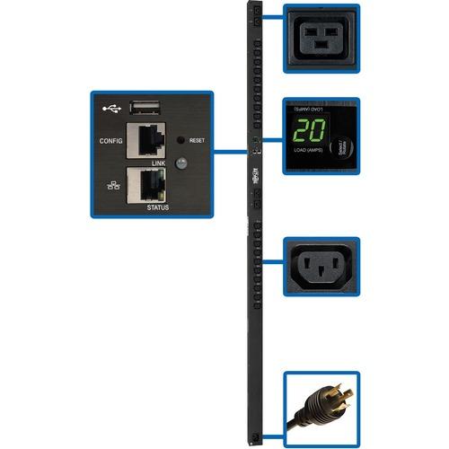 Tripp Lite PDUMV20HVNETLX 24-Outlet PDU - Switched - NEMA L6-20P, IEC 60320 C20 - 4 x IEC 60320 C19, 20 x IEC 60320 C13 - 230 V AC - 0U - Vertical - Rack-mountable - TAA Compliant