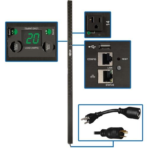 Tripp Lite 24-Outlets PDU - Monitored - NEMA L5-20P, NEMA 5-20P - 24 x NEMA 5-15/20R - 120 V AC - Network (RJ-45) - 0U - Vertical - Rack-mountable - TAA Compliant