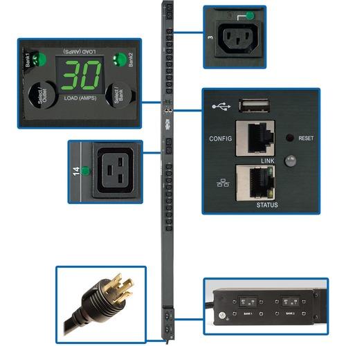 Tripp Lite PDUNVR30HVLX 24-Outlets PDU - Monitored - NEMA L6-30P - 20 x IEC 60320 C13, 4 x IEC 60320 C19 - 230 V AC - Network (RJ-45) - 0U - Vertical/Toolless - Rack-mountable - TAA Compliant