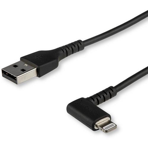 StarTech.com 1m USB A to Lightning Cable iPhone iPad Durable Right Angled 90 Degree Black Charger Cord w/Aramid Fiber Apple MFI Certified - Kevlar aramid fiber shelters 3.3ft heavy duty USB-A to lightning cable from stress of bends/twists - Right angled