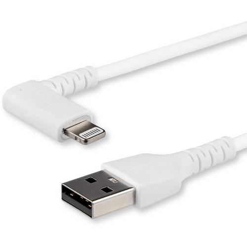 StarTech.com 1m USB A to Lightning Cable iPhone iPad Durable Right Angled 90 Degree White Charger Cord w/Aramid Fiber Apple MFI Certified - Kevlar aramid fiber shelters 3.3ft heavy duty USB-A to lightning cable from stress of bends/twists - Right angled