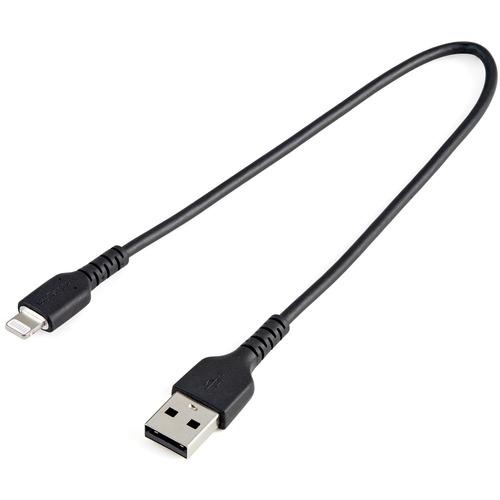 StarTech.com 12inch/30cm Durable Black USB-A to Lightning Cable, Rugged Heavy Duty Charging/Sync Cable for Apple iPhone/iPad MFi Certified - Kevlar aramid fiber shelters heavy duty lightning cable from stress of bends/twists - Black durable strong rugged