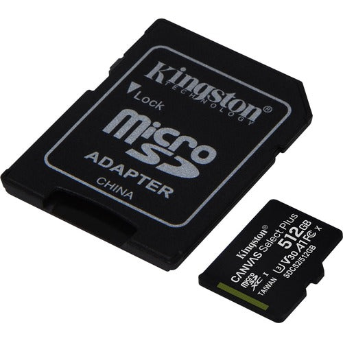 Kingston Canvas Select Plus 512 GB Class 10/UHS-I (U3) microSDXC - 1 Pack - 100 MB/s Read - 85 MB/s Write - Lifetime Warranty