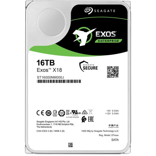 Seagate Exos X18 ST16000NM000J 16 TB Hard Drive - 3.5" Internal - SATA (SATA/600) - Video Surveillance System, Storage System Device Supported - 7200rpm - 261 MB/s Maximum Read Transfer Rate - Hot Swappable