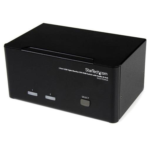 StarTech.com 2 Port Triple Monitor DVI USB KVM Switch with Audio & USB 2.0 Hub - 2 Computer(s) - 1920 x 1200 - 6 x USB - 9 x DVI - Rack-mountable, Desktop - TAA Compliant
