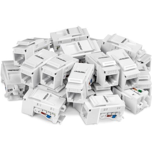 TRENDnet Cat6 Keystone Jack, 25-Pack Bundle, 90Â° Angle Termination, Compatible With Cat5, Cat5e, Cat6 Cabling, Color-Coded Labeling, Gold-Plated Contacts, Tool-less Design, White, TC-K25C6 - 25 Pack Cat6 RJ-45 Keystone Jack