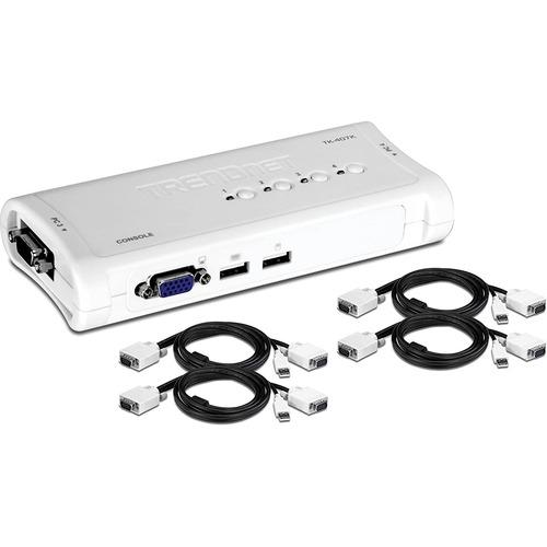 TRENDnet 4-Port USB KVM Switch Kit, VGA And USB Connections, 2048 x 1536 Resolution, Cabling Included, Control Up To 4 Computers, Compliant With Window, Linux, and Mac OS, White, TK-407K - 4-port USB KVM Switch Kit (Include 4 x KVM Cables)