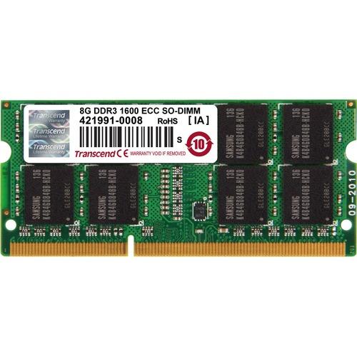 Transcend 8GB DDR3 SDRAM Memory Module - 8 GB (1 x 8GB) - DDR3-1600/PC3-12800 DDR3 SDRAM - 1600 MHz - CL11 - 1.50 V - ECC - Unbuffered - 204-pin - SoDIMM - Lifetime Warranty