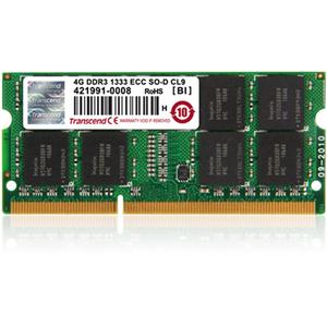 Transcend 4GB DDR3 1333 ECC-SO-DIMM CL9 2Rx8 - 4 GB DDR3 SDRAM - 1333 MHz - CL9 - ECC - Unbuffered - 204-pin - SoDIMM