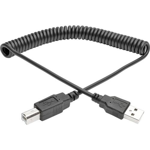 Tripp Lite USB 2.0 Hi-Speed A/B Coiled Cable (M/M), 10 ft - 10 ft USB Data Transfer Cable for Scanner, Notebook - First End: 1 x Type A Male USB - Second End: 1 x Type B Male USB - 480 Mbit/s - Shielding - Nickel Plated Connector - 28/24 AWG - Black