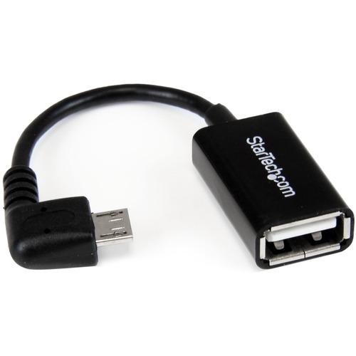 StarTech.com 5in Right Angle Micro USB to USB OTG Host Adapter M/F - Connect your USB On-The-Go capable tablet computer or Smartphone to USB 2.0 devices (thumb drives, USB mouse or keyboard, etc.) - Micro USB OTG Adapter - Right Angle Micro USB Host OTG